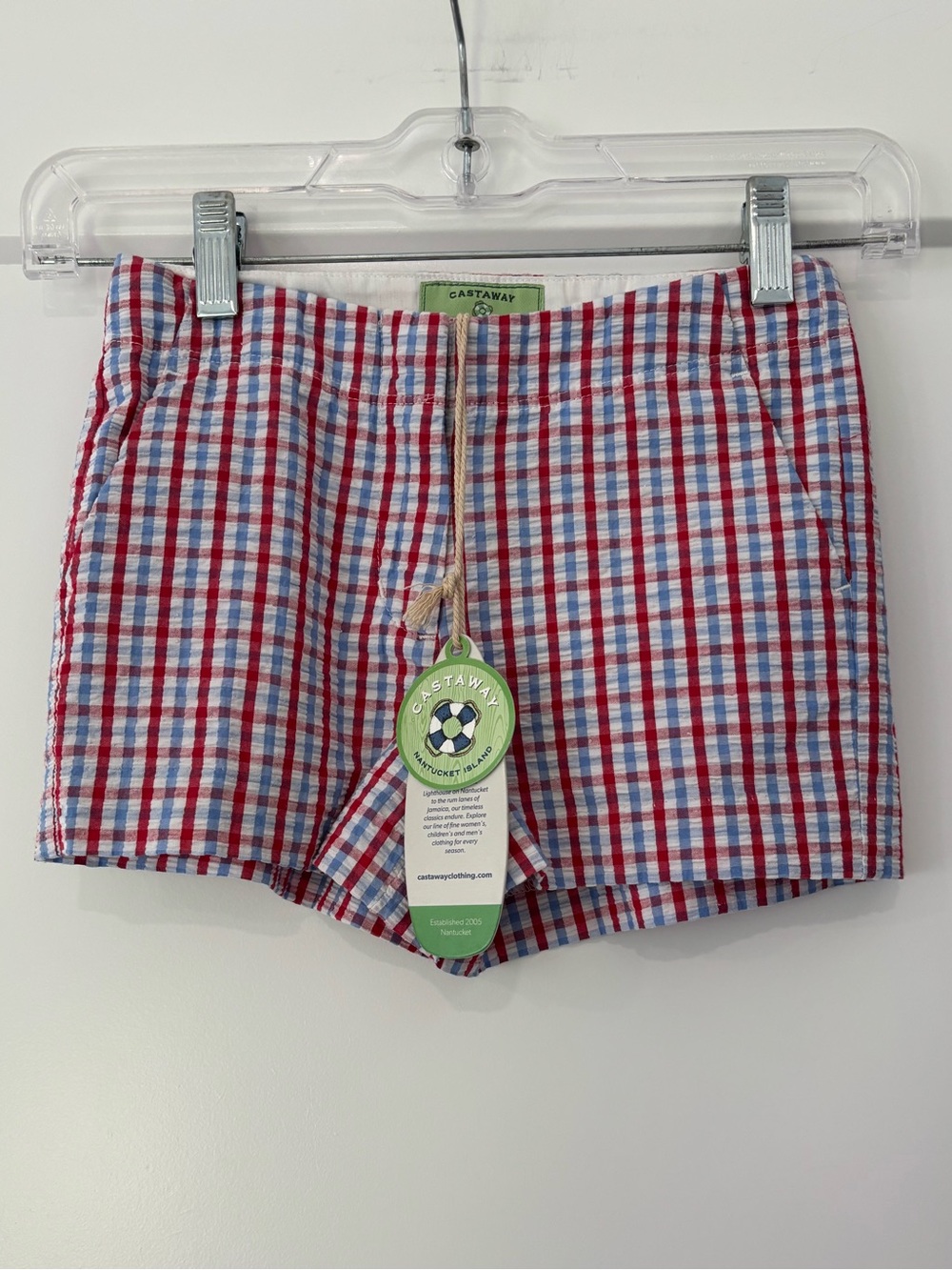 Castaway Nantucket Island Girls Crew Shorts in Red white blue Seersucker check